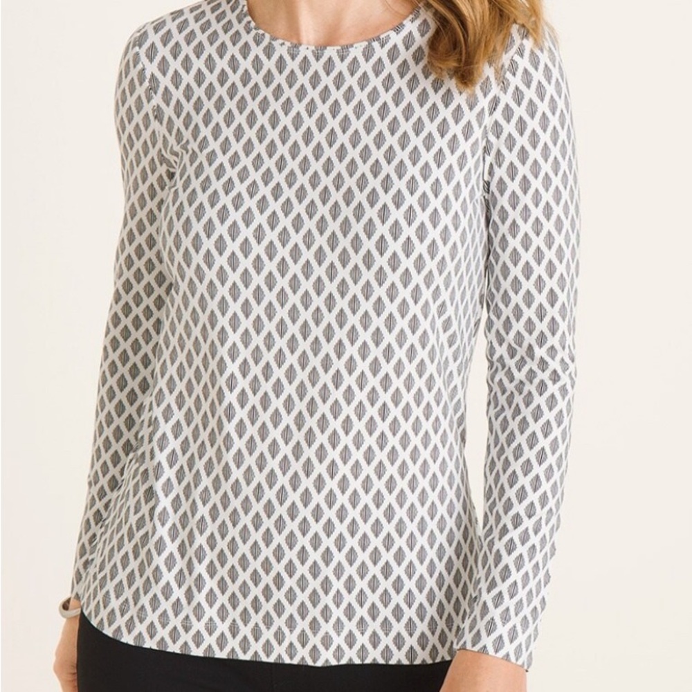 Chico’s Women’s 3 (XL) Black White Diamond‎ Long Sleeve Stretch Blouse Top Tunic